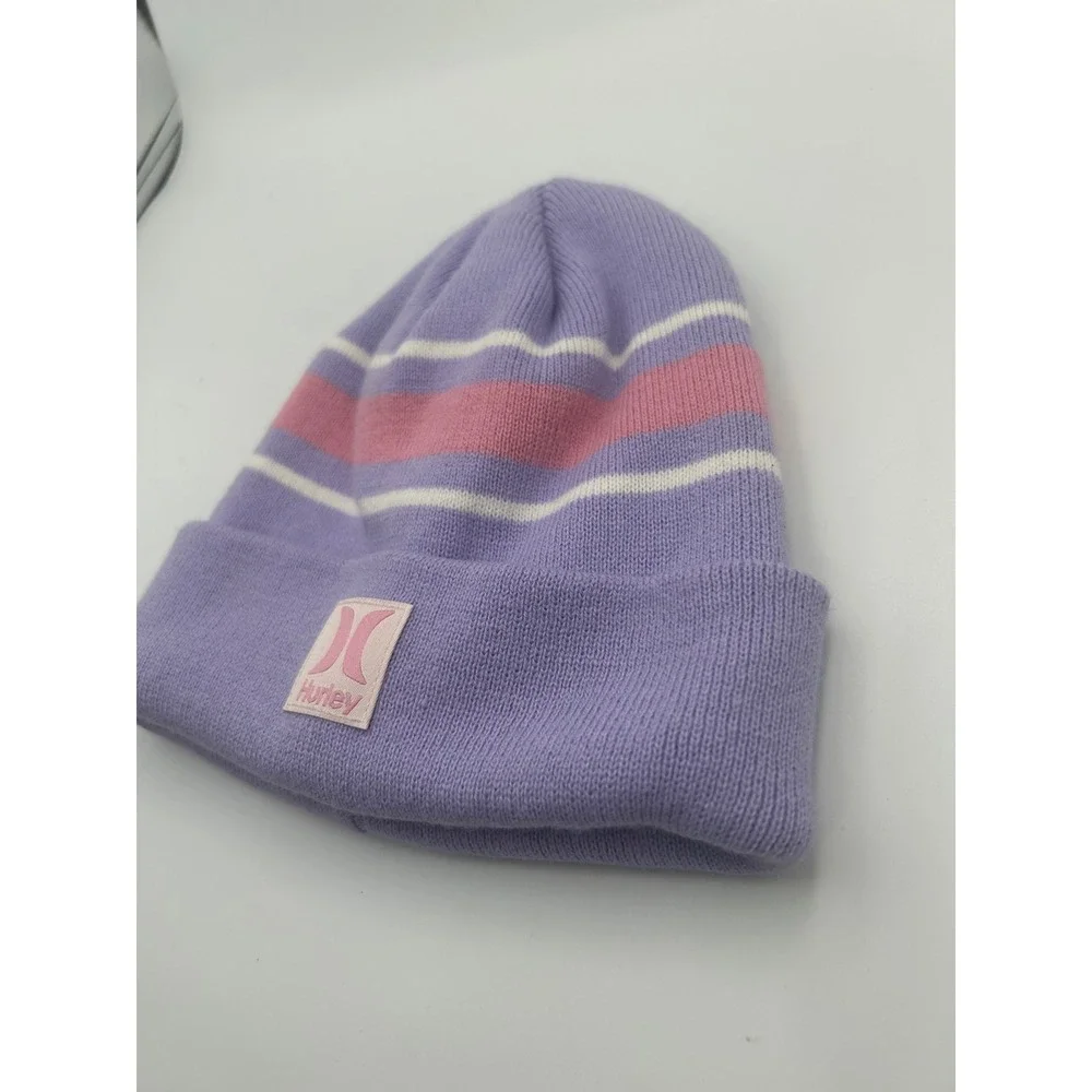 Hurley Youth Beanie Purple Pink White Striped Knit Winter Hat Logo Patch B964